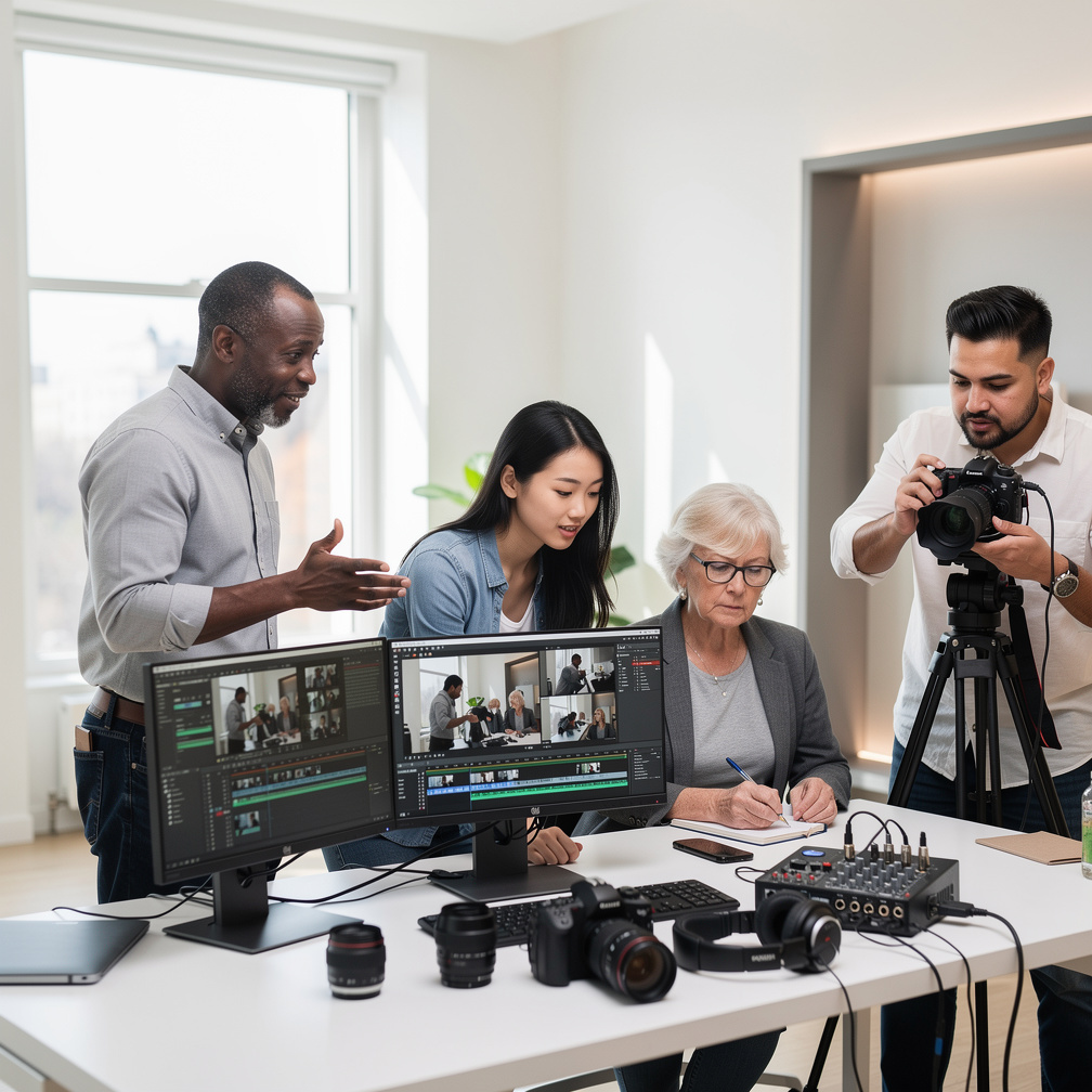 Diverse media team collaborating around a studio desk