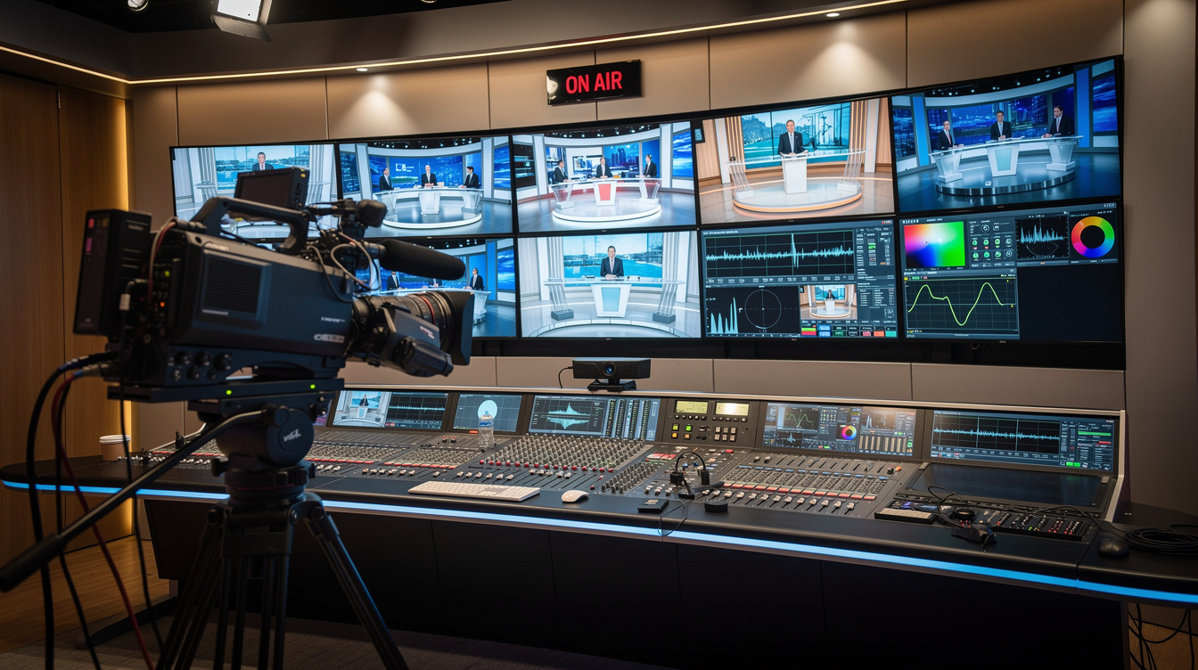 Television studio control room with monitors and camera equipment