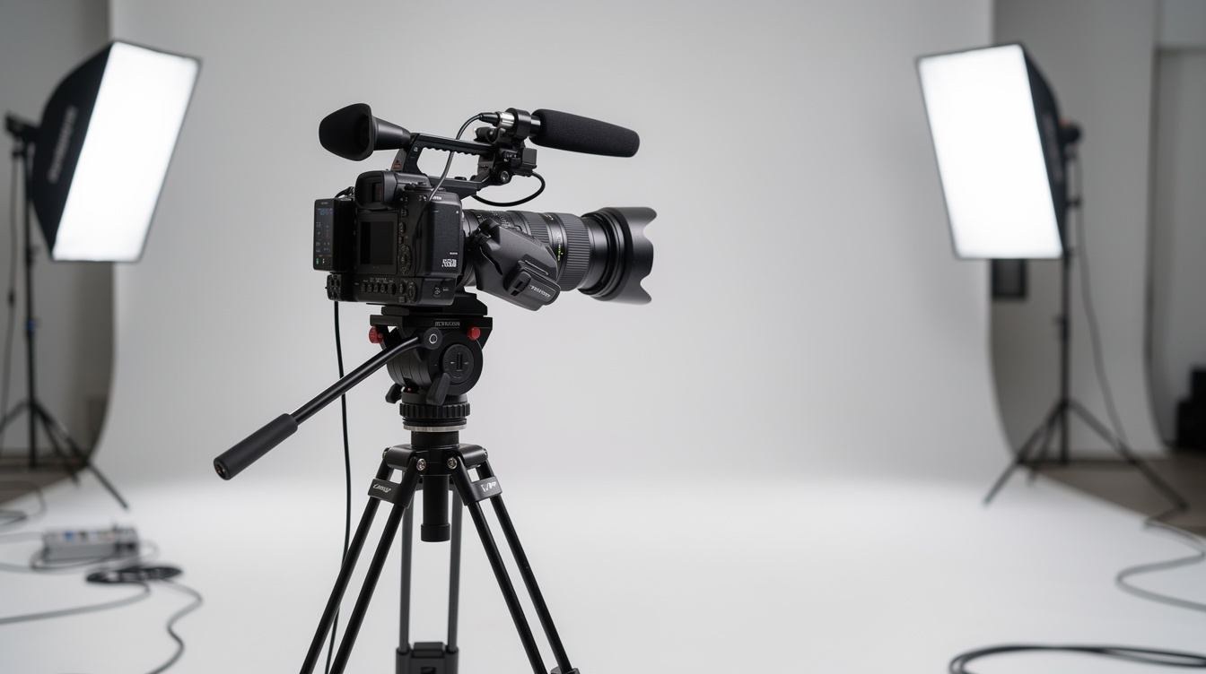 Professional camera and softbox lighting equipment in a studio