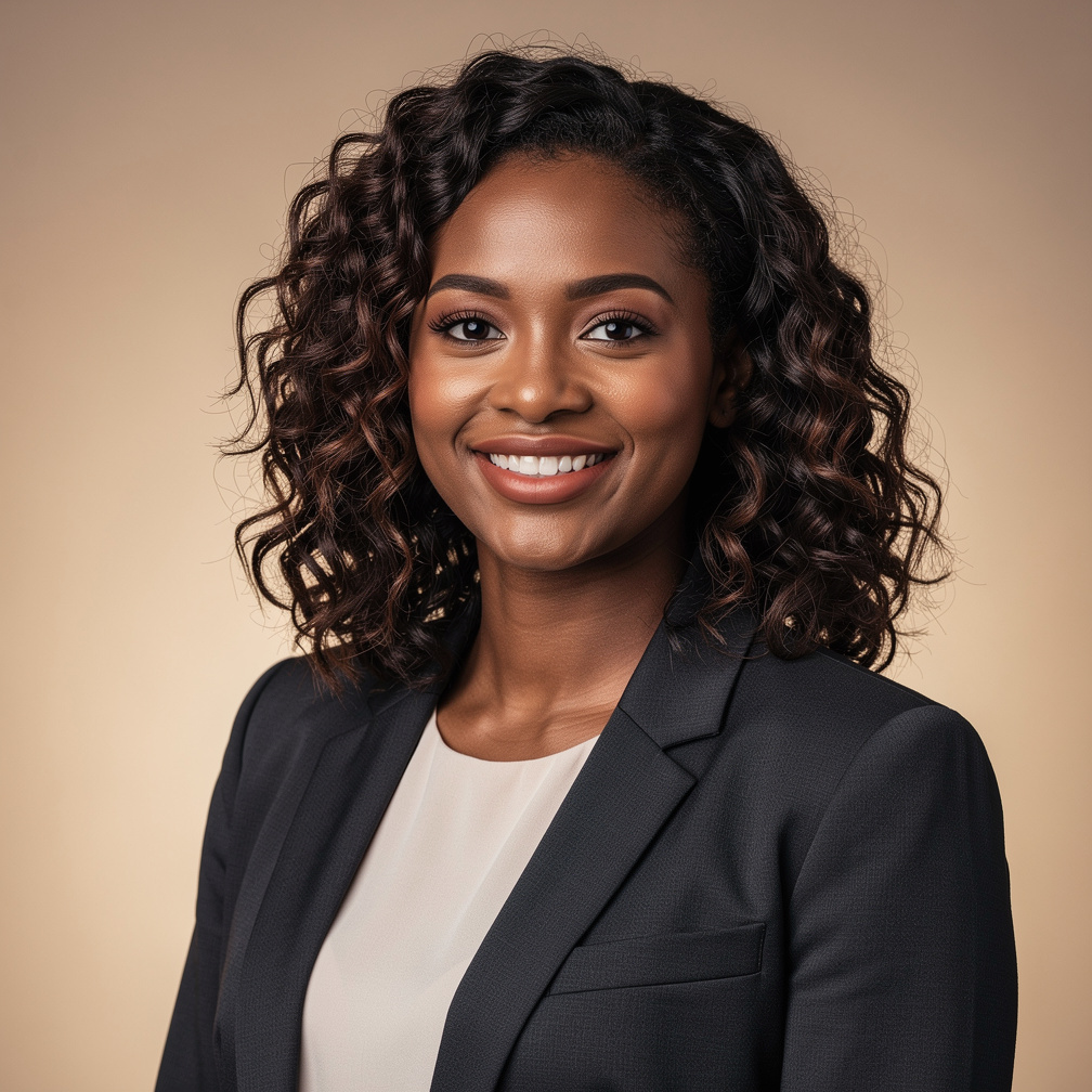Portrait of a smiling woman with curly hair, journalism trainer