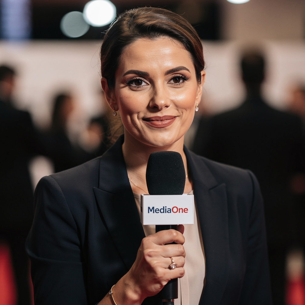 Journalist holding a microphone during a red carpet interview