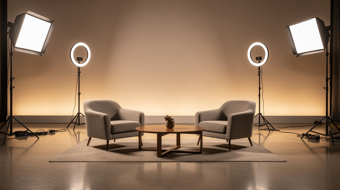 Interview set with two chairs and studio lighting