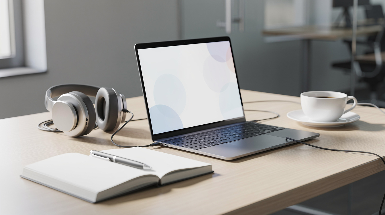 Modern media office desk with laptop and notebook